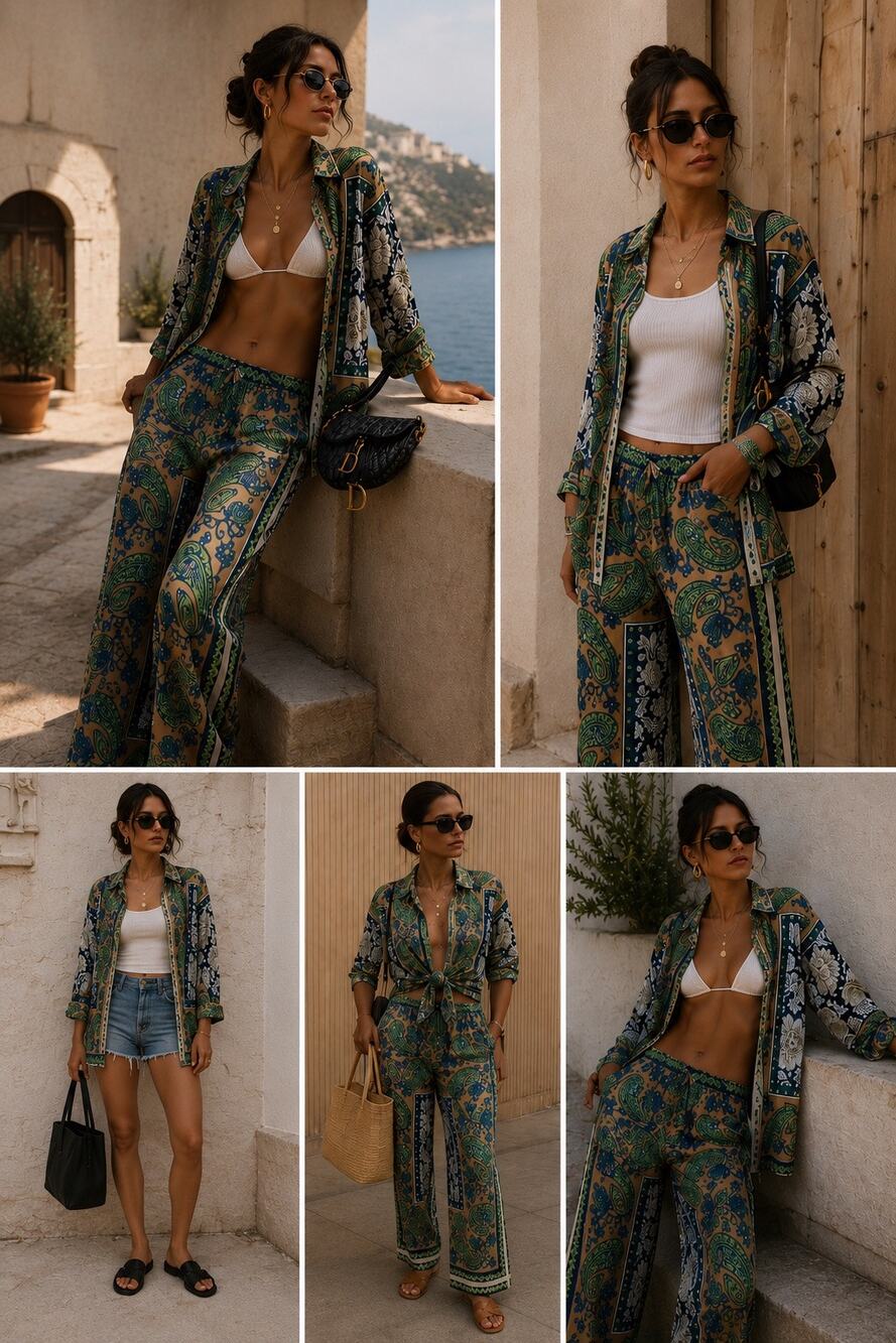 Viral Zara Co-Ord Set Resort Blue Green XL Large Satin Pants Button Down